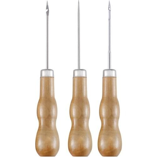 Wooden Handle Sewing Awl DIY Carft Stitch Needle Cone Die Stencils Canvas Shoes Threader Repair Punch Awl Leather Craft Awl Tool