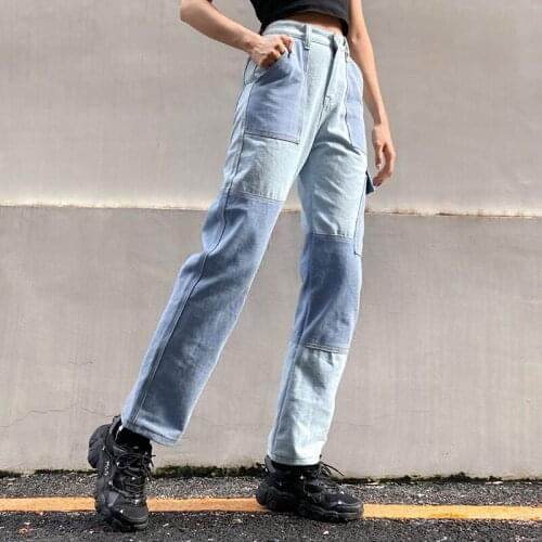 High Waisted Blue Straight Jeans For Girls Female Patched Women Fashion 2021 Vintage Denim Pants Trouser Harajuku Capris