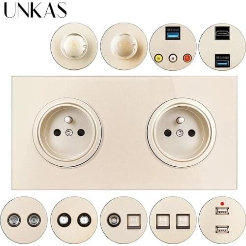 UNKAS Dual French Socket+ HDMI-Compatible USB LED TV RJ11 Telephone RJ45 Internet Dimmer Fan Regulator Switch Glass Panel Outlet
