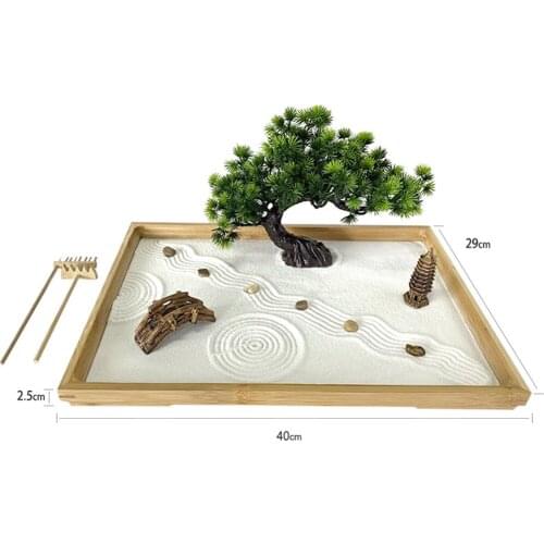 Zen Garden Sand Kit Meditation Micro Landscape Relax Decoration Set with Artificial Bonsai Tree Bridge Garden Table Decor