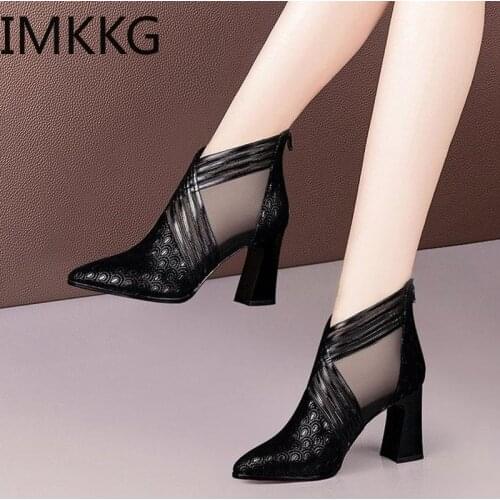 2020 Summer Fashion solid mesh high heels pointed toe cross lines ankle lady boots grace women ventilate boots red/black/blue
