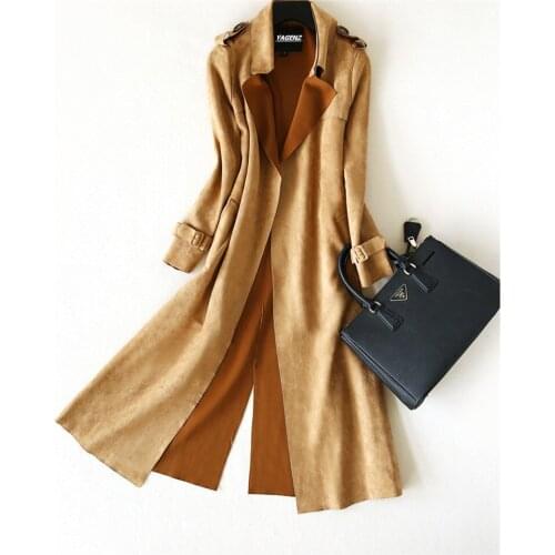 Spring Autumn Women Trench Coat 2019 New Fashion Temperament Waist Slim Deerskin Velvet Long Windbreaker Coat RE2506