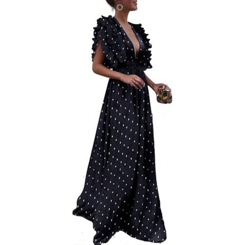 AECU 2021 Long Dress Women Vintage Sexy Deep V Neck Elegant Ruffles Sleeve Party Dresses Maxi Dress Female Vestidos For Women