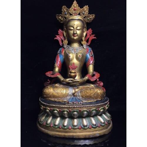 19"Tibet temple Old Bronze Lacquer Painted Longevity Buddha Guanyin statue Sitting on the lotus platform Enshrine the Buddha