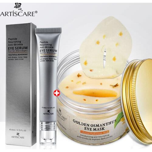 ARTISCARE Peptide Anti Wrinkles Eye Serum Roller Massager + Gold Osmanthus Eye Mask Remove Dark Circles HA Eye Patches Eye Care