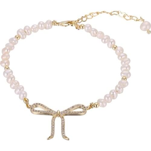 ONYSS Bracelet on the hand Bowknot Jewelry Ankle Freshwater Pearl Bracelets 14K Gold Plating Chain Bracelet