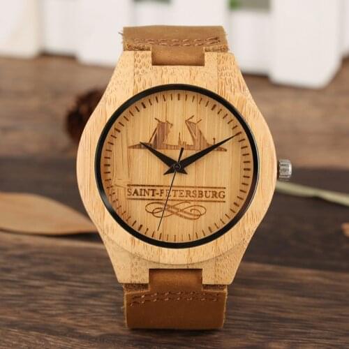 Sports Wooden Watches Mens Creative Engraving Saint Petersburg Wood Bamboo Quartz Wristwatches Russian Souvenirs for Men Women
