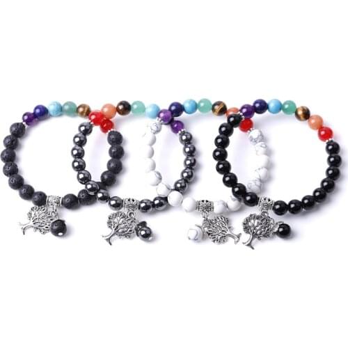 Apple Tree 8mm Hematite Howlite Beads Seven Chakras Bracelet Black Lava Stone Buddha Yoga Women Men Lovers Hand String Jewelry