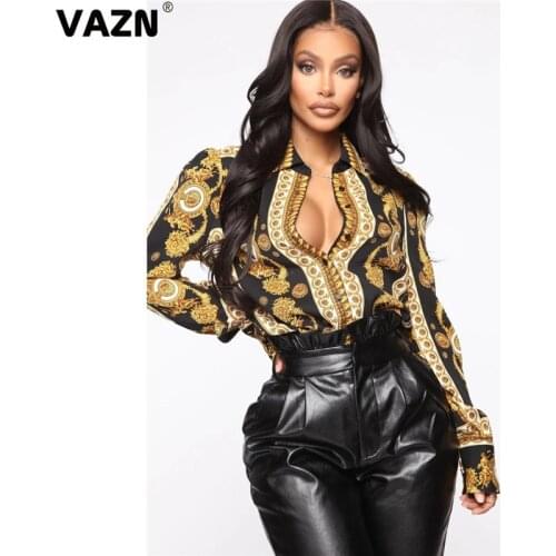 VAZN Summer New 2020 Elegant Colorful Print Shirt Full Sleeve Loose Sexy V-neck T-shirt High Street Hip Pop Sexy Shirt
