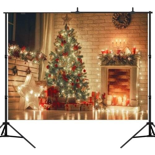 Lyavshi Christmas photography backdrops gold star lantern decoration wooden board presents tree indoor Seamless photo background