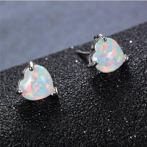 Cute Female White Blue Green Opal Stud Earrings Silver Color Heart Wedding Earrings Boho Small Double Earrings For Women