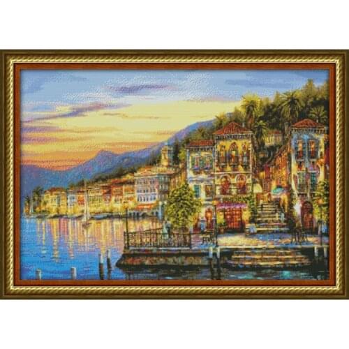 Joy sunday The sea scenery counted 14CT Cross Stitch Kit Set DIY DMC Sunset house Cross-stitch Embroidery Needlework Home Decor