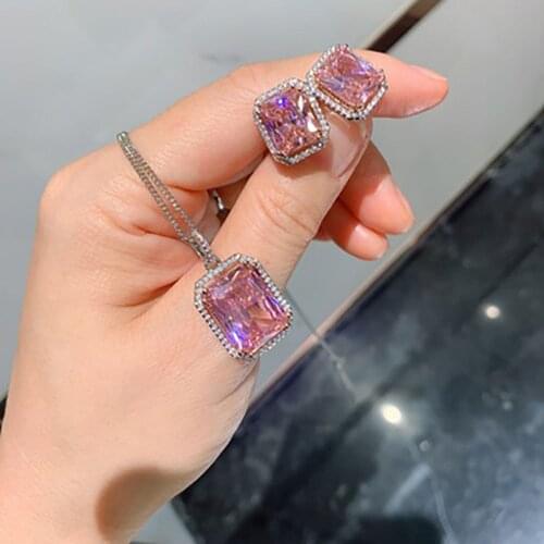 Romantic 925 Solid Silver Pink Saphhire Gemstone Earrings/Necklace/Ring Wedding Engagement Fine Jewelry Set for Women Wholesale