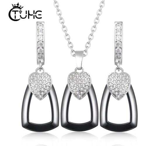 Heart Cubic Zirconia Geometric Pendant Necklace and Earring Jewelry Set for Women in Heatlhy Ceramic Jewelry sets Wedding Gift