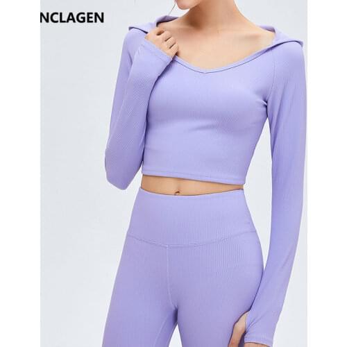 NCLAGEN Sports Crop Top Women Hooded Long Sleeve Gym T-shirt Running Fit Training Fitness Clothes Sexy Thumb Holes Yoga Blouse