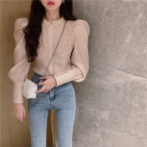 Hzirip French Folds Shirt Button Full Sleeved Solid Turtleneck Lace Women Blouses 2021 New Autumn Loose Gentle Fashion Elegant