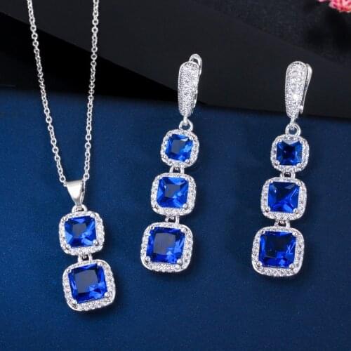 CWWZircons Elegant Square Royal Blue Cubic Zirconia Dangle Drop Earrings Pendant Necklace Ladies Costume Jewelry Sets T354