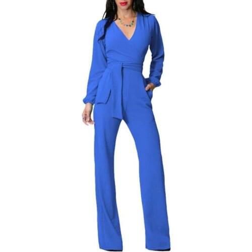 2020 new spring summer long-sleeved jumpsuits womens European High waist fashion V-neck slim tie Nine pants suit jumpsuit women