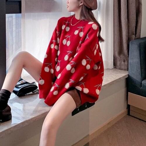 Womens Sweater Lazy Korean Style Loose Red Cherry 2021 Christmas Autumn and Winter Outer Wear Sweater Top