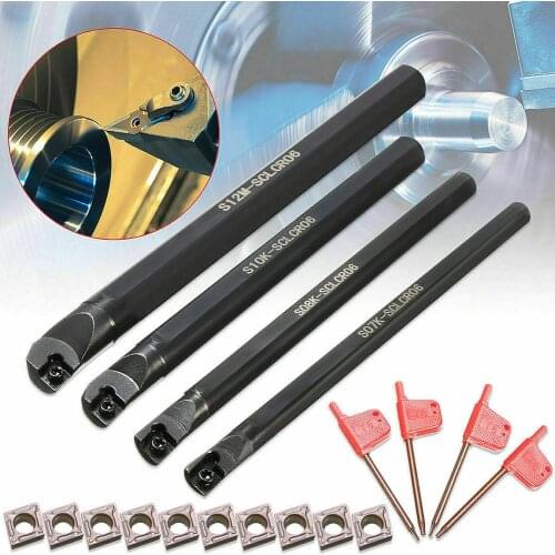 4pcs 7/8/10/12mm SCLCR06 Turning Tool Lathe Boring Bar Lathe Cutter Turning Rod + 10Pcs CCMT0602 Carbide Inserts