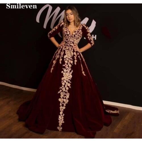 Smileven Burgundy Caftan Formal Evening Dresses karakou algerien Velvet Party Dresses Appliques Peplum Evening Prom Gown