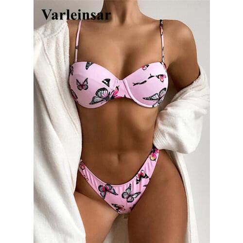 Underwire Push Up Bikini Women Swimwear Female Swimsuit Two-pieces Bikini set Butterfly Printed Bather Bathing Suit Swim V3200