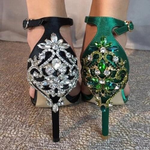 Summer Luxury Bling Rhinestones Embellished Metal Carved High Heels Sandals Women Silk Ankle StrapCrystal Party Dress Shoes