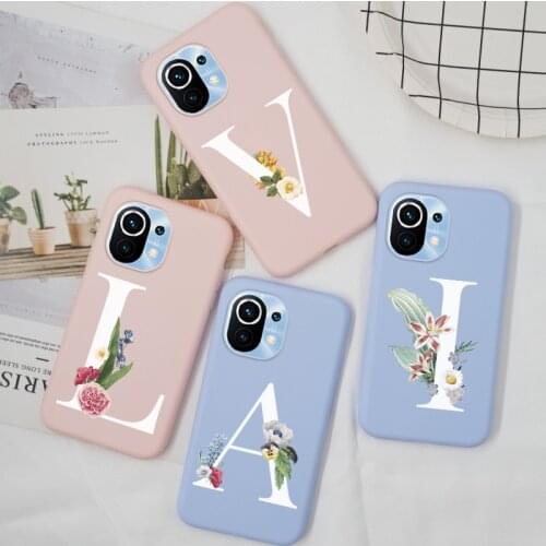 Alphabet Letter Case For Xiaomi Mi 11 Case TPU Silicone Back Cover For Xiomi Mi 11 Mi11 Lite Case Bumper Flower Purple Candy