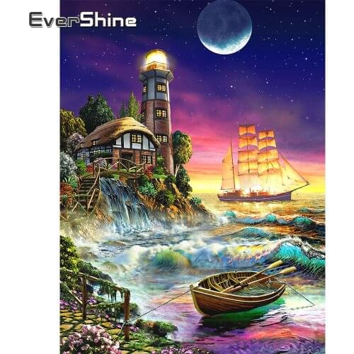 EverShine Diamond Mosaic Landscape House Full Square Diamond Painting Lighthouse Picture Embroidery Rhinestone Cross Stitch Kit