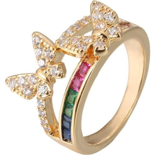 Ring Rainbow Series European and American Style Color Square Zircon Ring Butterfly Ring High-end Copper Ring Jewelry