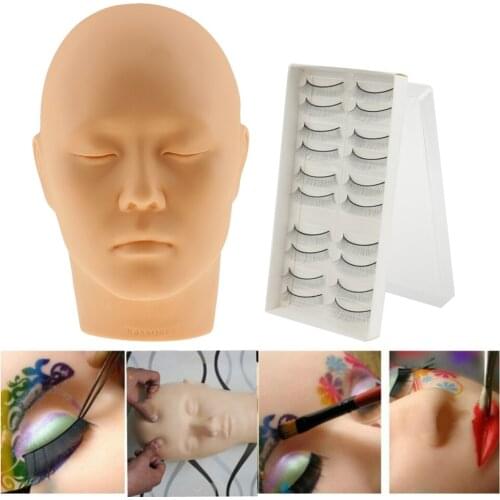 10'' Soft Silicone Massage Eye Lash Makeup Practice Training Mannequin Head Manikin Model with 10 Pairs 10mm False Eyelashes