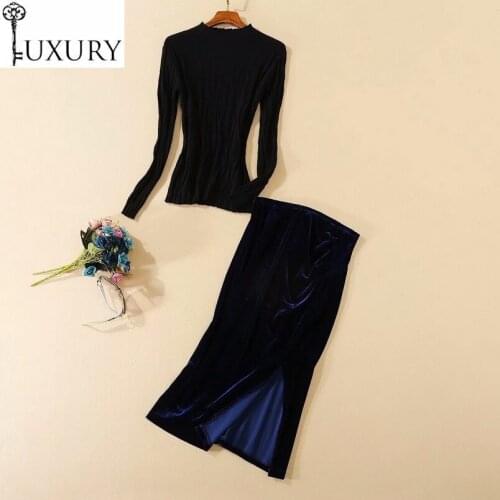 Fashion 2020 Autumn Winter Suits & Sets Women Long Sleeve Black Sweaters+High Waist Split Midi Pencil Skirt Set Female 2 pc Suit