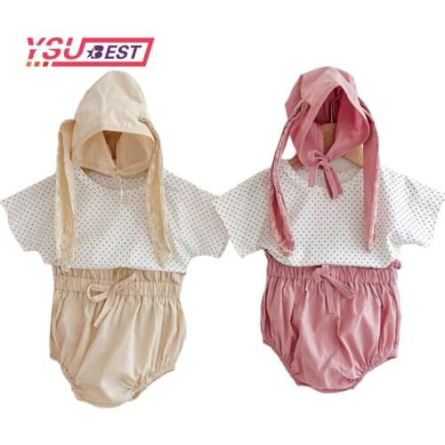 Fashion Summer Twin Girls Suit Cotton Dot T-shirt +Rabbit Ears Hat + PP Shorts Baby Girl Clothes New Born Baby Girl Clothes 3Pcs