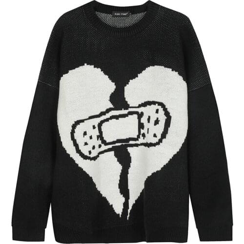 Harajuku Funny Broken Heart Graphic Men Sweater Hip Hop Streetwear 2021 Autumn Oversized Sweater for Men Pullover Mens Sweaters