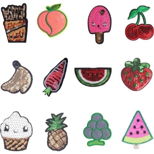 Food Fruit Patches Flower Stickers Iron on Clothes Heat Transfer Applique Embroidered Applications Cloth Fabric Sequin Patch F