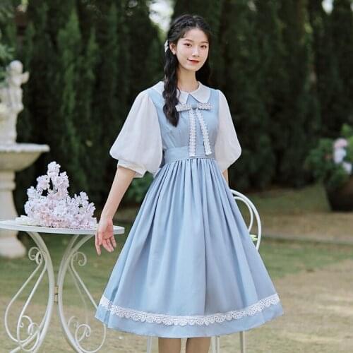 Japanese Sweet Kawaii Dress Women 2021 Vestido Summer Lace Stitching lantern Sleeve Cute Bow Tie Doll Collar Preppy Style Dress