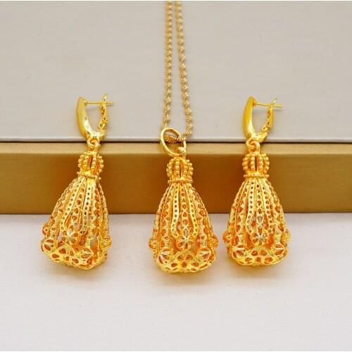 Gold Plated Geometric Circle Ball Drop Earrings Necklace Jewelry Set For Woman Birthday Wedding Gift
