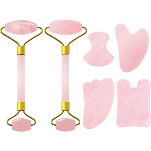 6 in 1 Rose Quartz Face Roller Gouache Scraper Facial Care Tools Natural Real Stone Gua Sha Board Jade Roller Massager