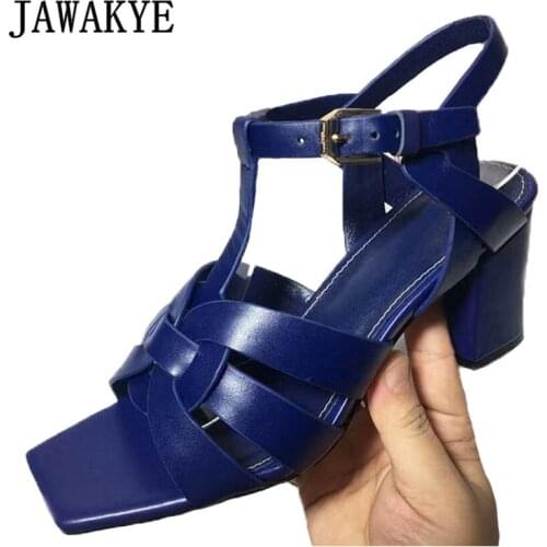 Retro Braid T-strap Sandals Women Square Toe Block Heel Rome Shoes Woman Casual Summer Matte Leather Gladiator Sandals Femme