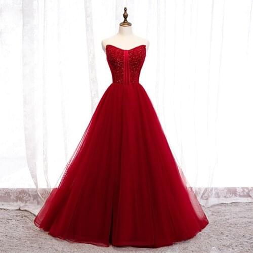 Robe De Soiree Noble Elegant Wine Red Strapless Evening Dress Luxury Sleeveless Sequins Applique Evening Gown Bride Toast Dress