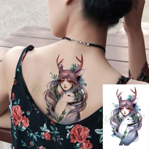 Waterproof Temporary Tattoo Sticker Cartoon Girl Cute Deer Horn Plant Fake Tatto Flash Tatoo Back Leg Art for Women Men