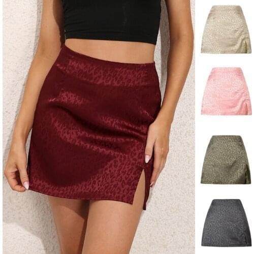 Women Summer High Waist Sexy Side Split Slim A-Line Mini Skirt Shiny Satin Leopard Pattern Jacquard Zipper Skinny Club Party Str