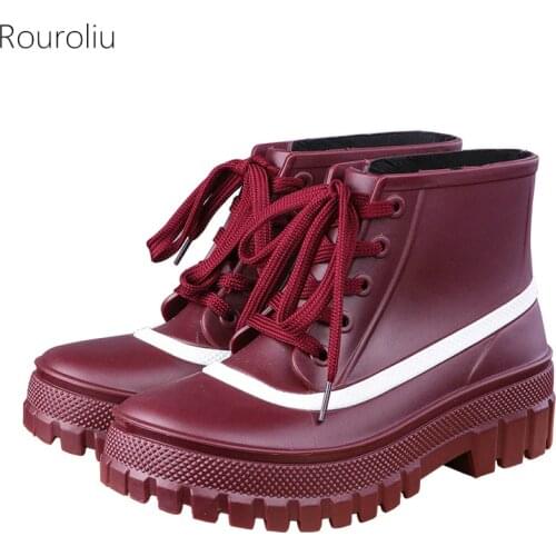 Rouroliu 2020 Spring Autumn Ankle Rainboots Women Hot Fashion Waterproof PVC Shoes Non-Slip Work Water Boots