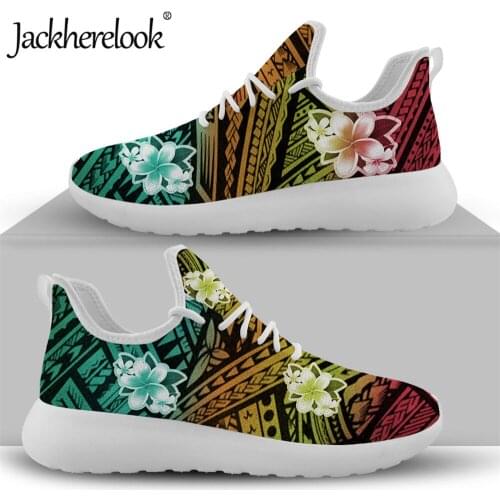 Jackherelook Women Knit Sneakers Polynesian Tribal Hibiscus Plumeria Print Breathable Flat Shoes Mesh Lightweight Footwear Mujer