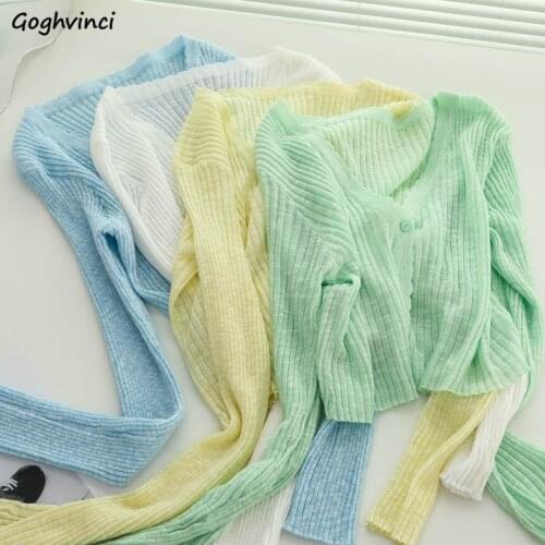 Sweet Candy Colors Fairy Long Sleeve Cardigans Women Single Button Girls Fresh Summer Breathable Knitted Shawl Crop Tops Gentle