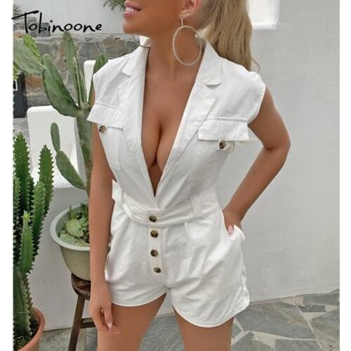 Tobinoone Cotton sash belt women jumpsuit romper High waist casual streetwear female playsuit Sexy office ladies playsuits