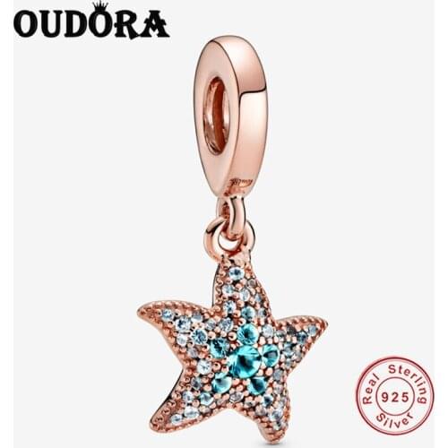 925 Sterling Silver Sparkling Starfish Dangle Rould Gold Charm Fit Original Pandora Bracelet Charms Bead Jewelry Making Berloque