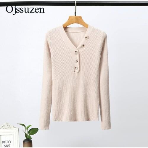 2021 Spring Autumn Women Sweater Pullovers Black V Neck With Button Knitted Ladies Clothing Soft Sweaters Slim Pink White