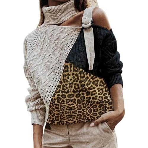 Women Sweaters Spring Leopard Patchwork Button Knitted Turtleneck Sweaters Pullover Long Lantern Sleeve Loose Women Sweaters