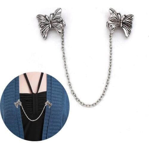 Vintage Cardigan Collar Chain Clip for Women Butterfly Shape Sweater Blouse Shawl Clips Shirt Holders Clasps Shawl Brooches